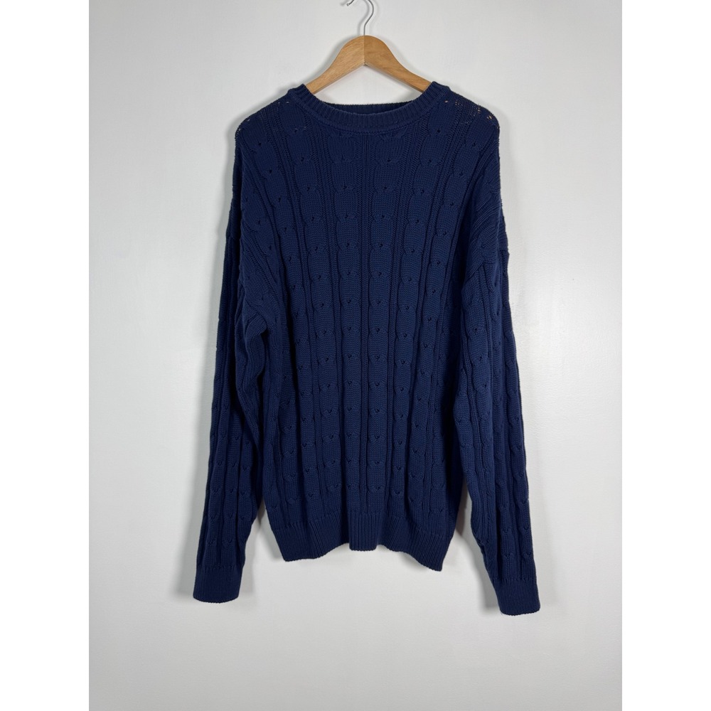 Classic Perry Ellis Portfolio Mens XL Sweater Navy Blue Cable Knit Cotton Crew